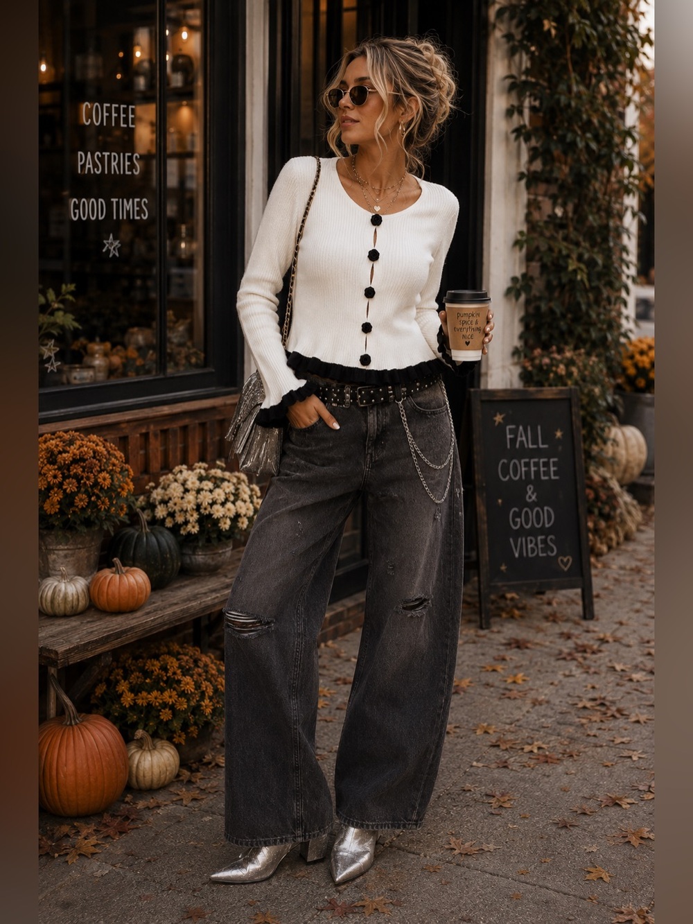 White Knit Cardigan with Black Rose Buttons